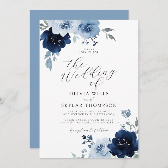 Invitation Marine Bleu Dusty Élégant Mariage Floral Invit (Devant / Derrière)