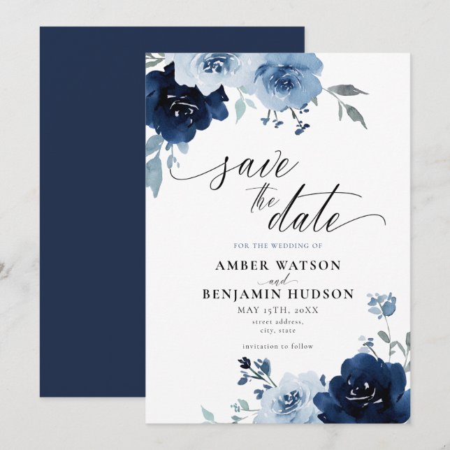 Invitation Marine Bleu Dusty Floral Élégant Enregistrer La Da (Devant / Derrière)