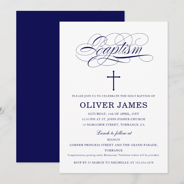 Invitation Marine Bleu Élégant Calligraphie Baptême (Devant / Derrière)