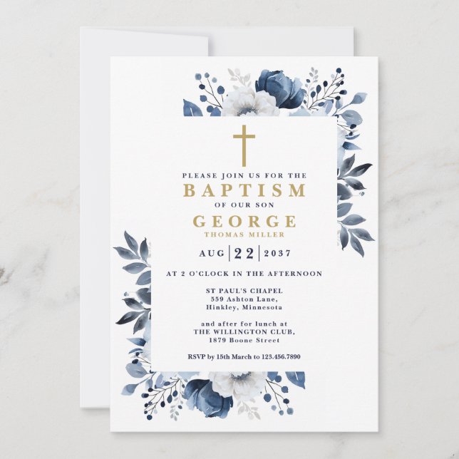 Invitation Marine Bleu Élégant Floral Botanique Moderne Baptê (Devant)