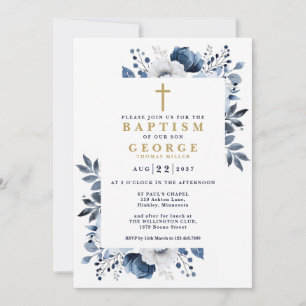 Invitation Marine Bleu Élégant Floral Botanique Moderne Baptê