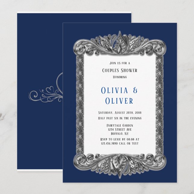 Invitation Marine Bleu et Argent Cadre Royal Couples Douche (Devant / Derrière)