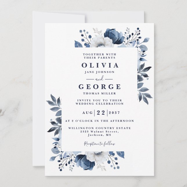 Invitation Marine Bleu Et Blanc Élégant Mariage Floral Modern (Devant)