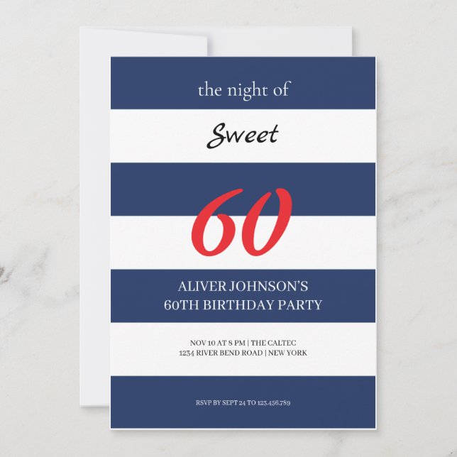 Invitation Marine bleu et blanc Sweet 60e anniversaire Invita (Devant)