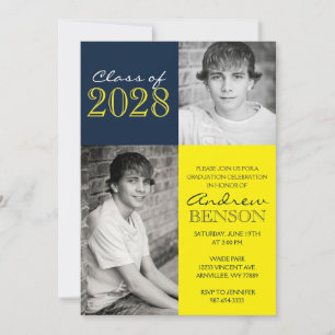 Invitation Marine Bleu et Jaune Classique 2 Photo Graduation