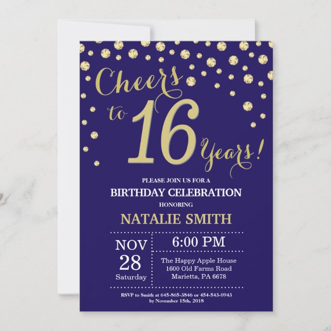 Invitation Marine Bleu et or 16e Anniversaire Diamant (Devant)