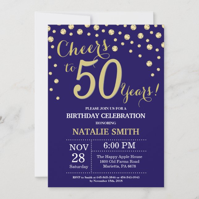 Invitation Marine Bleu et Or 50e Anniversaire Diamant (Devant)