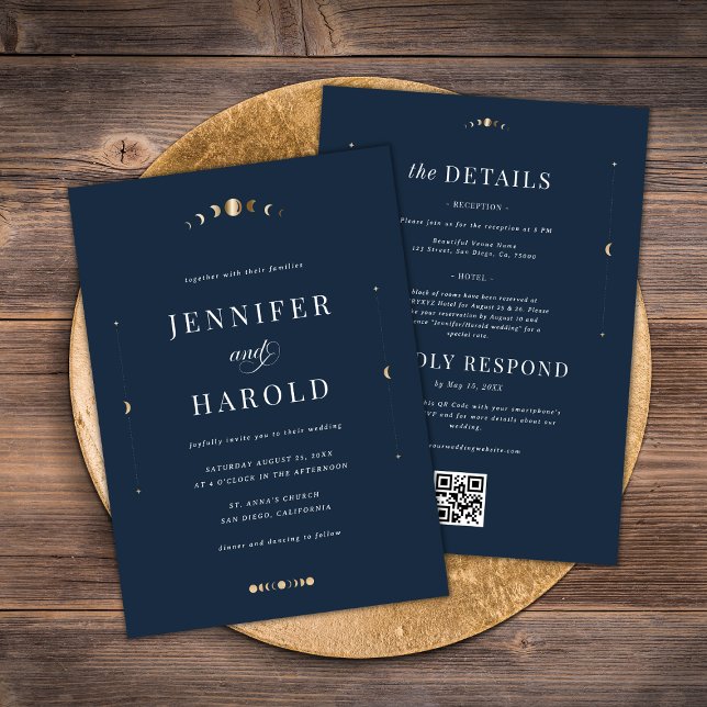Invitation Marine Bleu et or Lune céleste tout en un Mariage (Créateur téléchargé)
