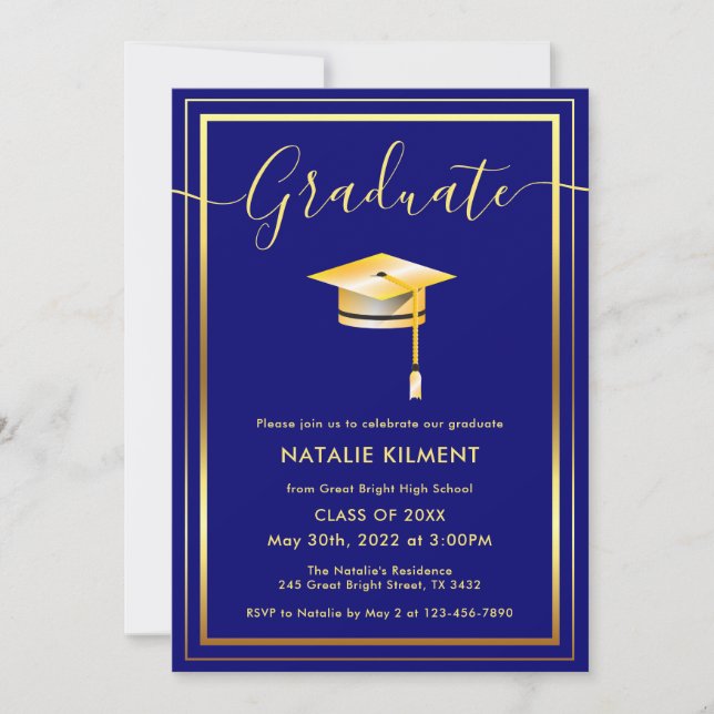 Invitation Marine Bleu et or Moderne Casquette diplômé (Devant)