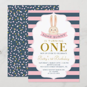 Invitation Marine Bleu et Or Rose Certains lapin Premier anni