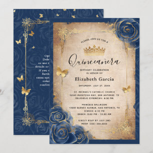 Invitation Marine Bleu et or Royal Rose Elegant Quinceanera