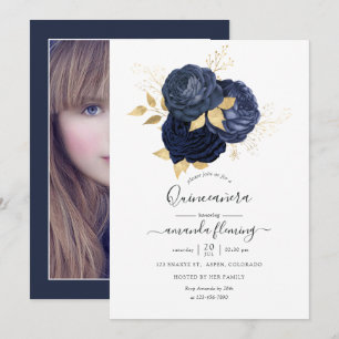 Invitation Marine bleu et or Vintage Rose Quinceañera Photo