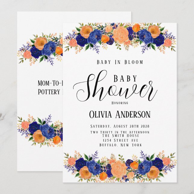 Invitation Marine Bleu et Orange Baby in Bloom Baby shower (Devant / Derrière)