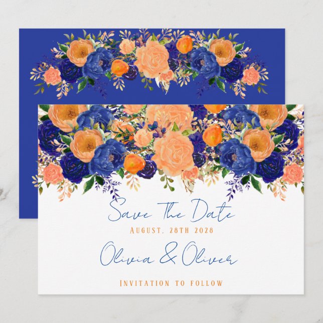 Invitation Marine Bleu et Orange Floral Économisez la date (Devant / Derrière)