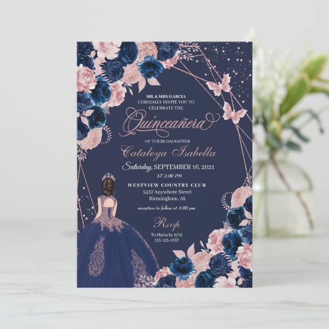 Invitation Marine Bleu et papillon rose Princesse Quinceanera (Debout devant)
