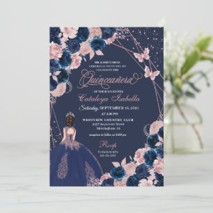 Invitation Marine Bleu et papillon rose Princesse Quinceanera