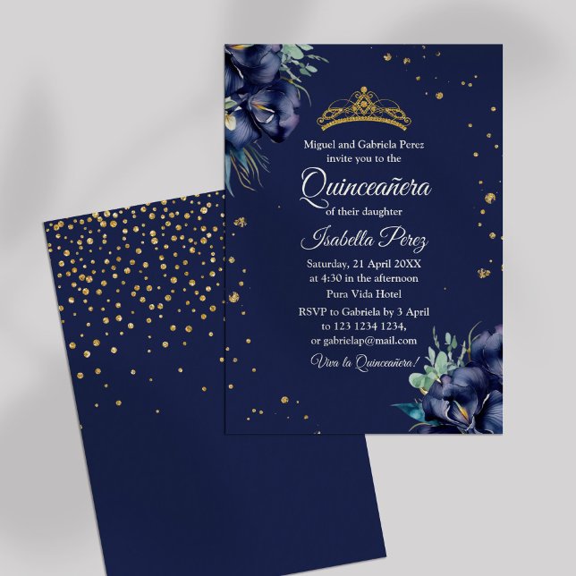 Invitation Marine Bleu et Parties scintillant d'or Tiara Quin (Navy Blue and Gold Glitter Tiara Quinceanera Invitation on off-white background.)