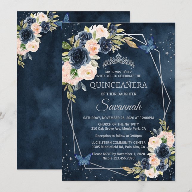 Invitation Marine Bleu et Rose Argent Elegant Quinceanera (Devant / Derrière)