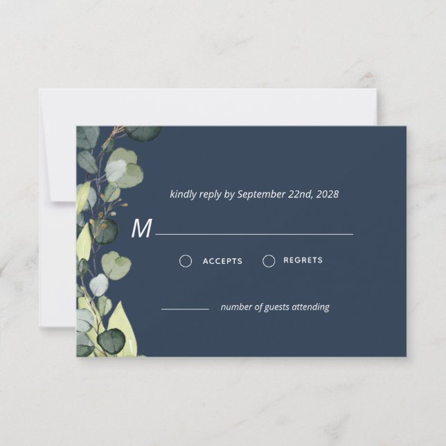 Invitation Marine Bleu Eucalyptus Vert RSVP Simple (Devant)