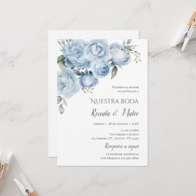 Invitation Marine Bleu Faire-part de mariage espag (Devant/Arrière en situation)