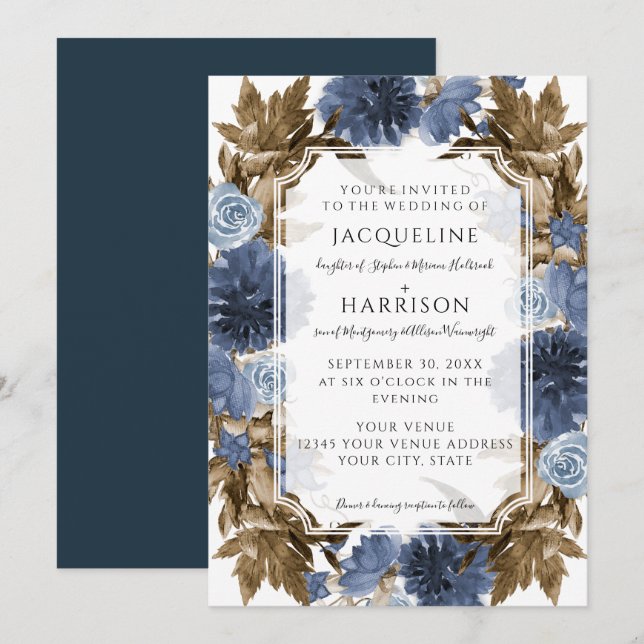 Invitation Marine Bleu Floral Élégant Mariage de feuillage d' (Devant / Derrière)