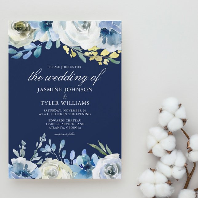 Invitation Marine Bleu Floral Élégant Mariage d'hiver (Créateur téléchargé)