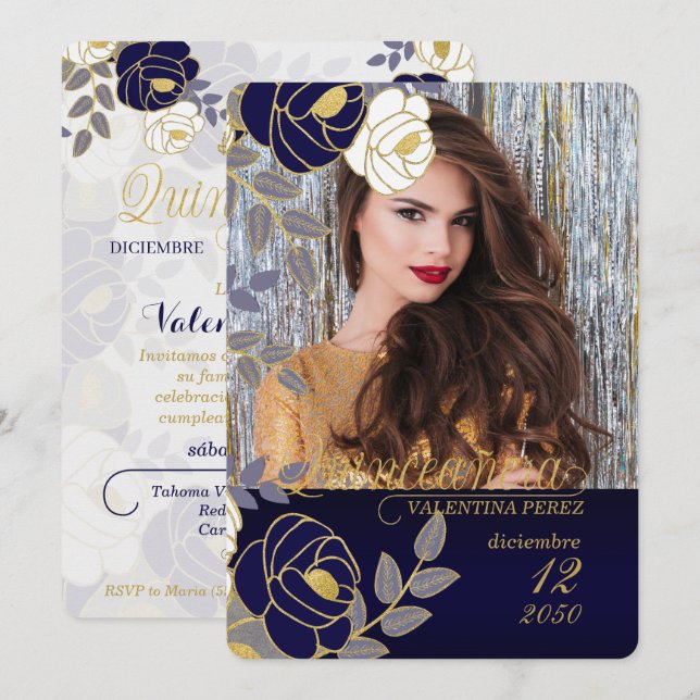 Invitation Marine bleu Floral espagnol Quinceanera avec photo (Devant / Derrière)