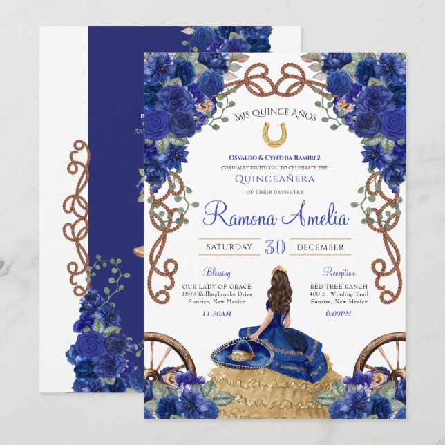 Invitation Marine Bleu Floral Ouest Charra Quinceañera (Devant / Derrière)