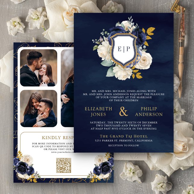 Invitation Marine Bleu Floral QR Code Photo Crest Mariage (Créateur téléchargé)