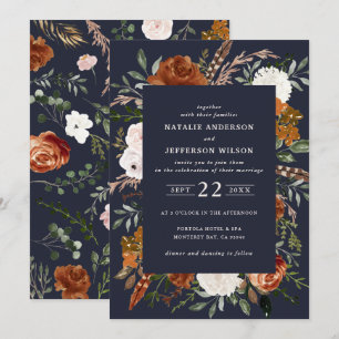 Invitation Marine bleu floral rustique élégant moderne