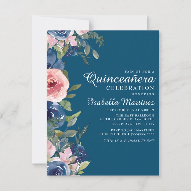 Invitation Marine Bleu Flore Vert Feuilles Quinceañera (Devant)