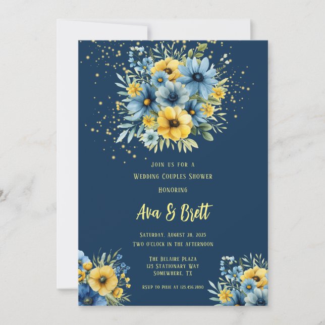Invitation Marine Bleu Jaune Floral Or Mariage Couple Douche (Devant)
