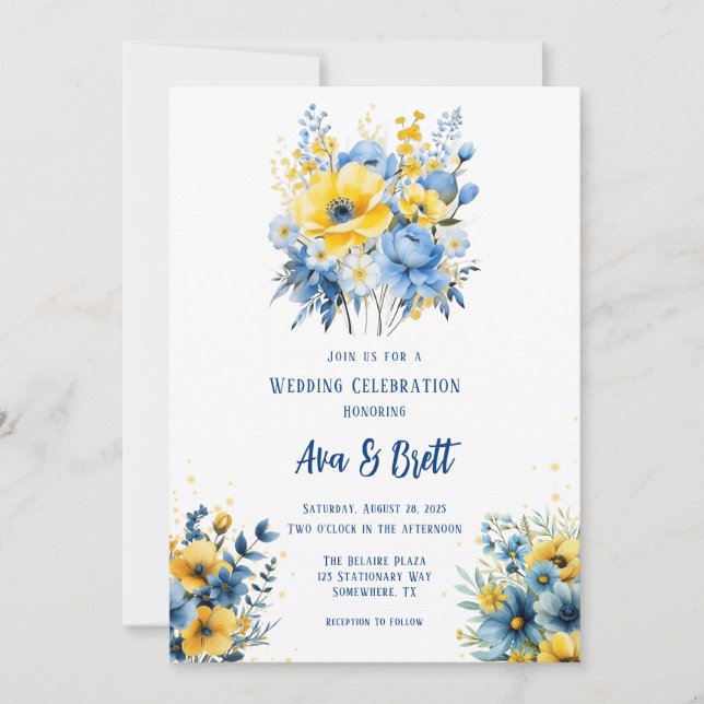 Invitation Marine bleu Jaune Peint Floral Mariage or (Devant)