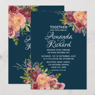 Invitation Marine Bleu Joli Floral Mariage d'automne