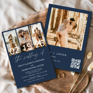 Invitation Marine Bleu Le Mariage de la photo Code QR Elégant
