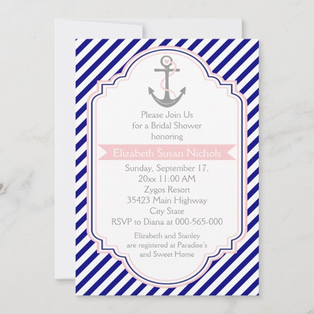Invitation Marine bleu, mariage nautique rose douche nuptiale (Devant)