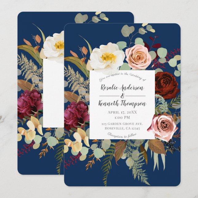 Invitation Marine bleu Marsala rose Russe fleurs Mariage (Devant / Derrière)