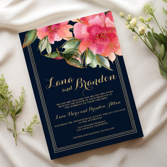 Invitation Marine bleu menthe rose or parties scintillant mar (Navy blue mint pink gold glitter floral wedding )