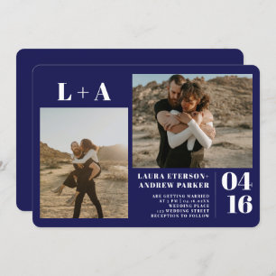 Invitation Marine bleu minimaliste initiales 2 photos mariage
