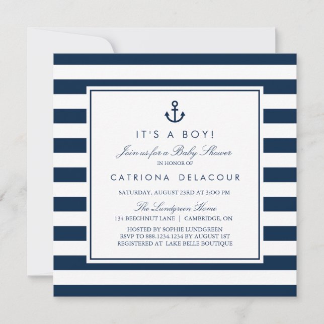 Invitation Marine Bleu Nautique C'est un Baby shower garçon (Devant)