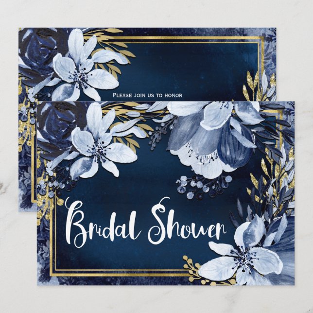 Invitation Marine Bleu & Or Elégant Aquarelle Moderne Floral (Devant / Derrière)