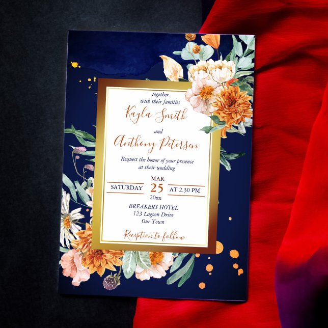 Invitation Marine bleu orange rose crème fleur mariage (Créateur téléchargé)