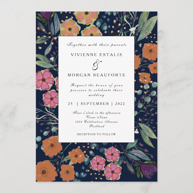Invitation Marine bleu orange rose fleurs Printemps (Devant)