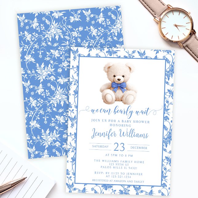 Invitation Marine bleu ours en peluche fleuri bébé garçon dou (Créateur téléchargé)