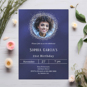 Invitation Marine bleu photo argent parties scintillant anniv