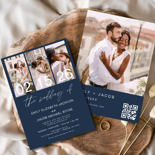 Invitation Marine Bleu Photo Code QR Mariage Minimaliste