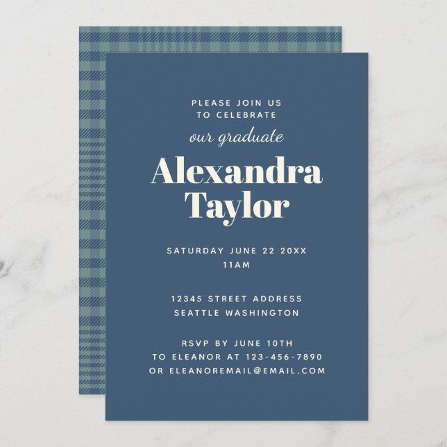 Invitation Marine Bleu Plaid Masculine Man Graduation Party (Devant / Derrière)
