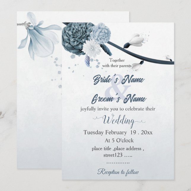 Invitation marine bleu poussiéreux fleurs mariage botanique (Devant / Derrière)