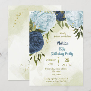 Invitation marine bleu poussiéreux fleurs vert feuilles anniv