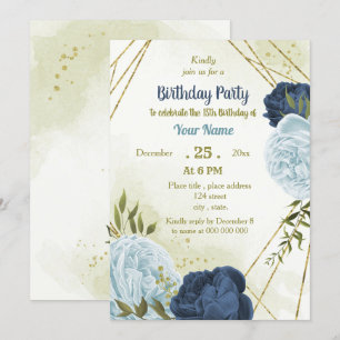 Invitation marine bleu poussiéreux fleurs vert feuilles anniv